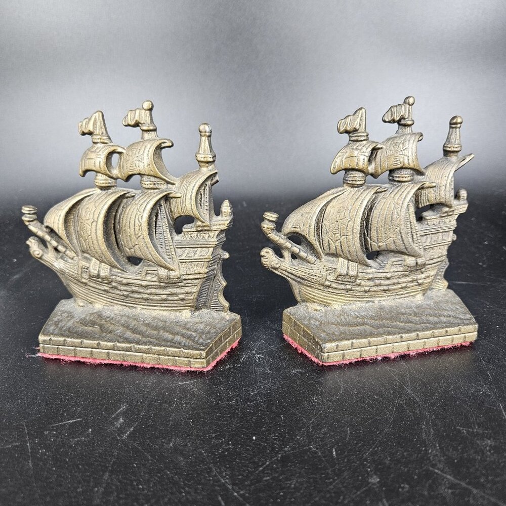 Vintage Cast Metal Ship Bookends Galleon Nautical Pair Brass Finish Book Ends